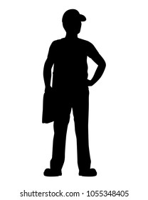 Standing young man with cap and mailbag silhouette vector