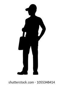 Standing young man with cap and mailbag silhouette vector