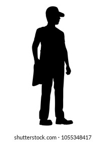 Standing young man with cap and mailbag silhouette vector