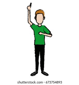 standing young man character gesturing cheerful people