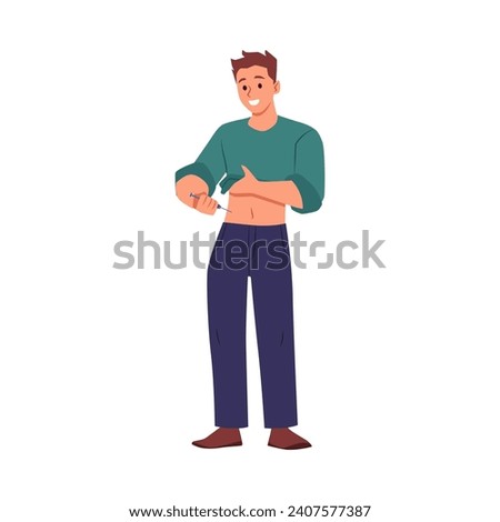 Standing young man doing self injection. Patient apply injection syringe in belly. Flat isolated vector illustrations.