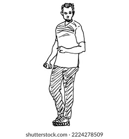 Standing young man. Hand drawn linear doodle rough sketch. Black silhouette on white background.