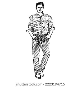 Standing young man holding hands in his pockets  Hand drawn linear doodle rough sketch  Black silhouette white background 