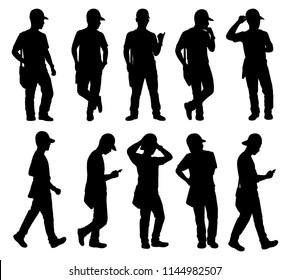 Standing young man with mailbag silhouette vector set