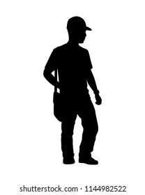 Standing young man with mailbag silhouette vector