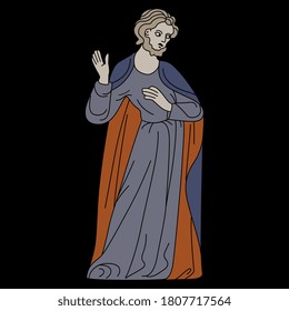 Stehender junger Mann in mittelalterlicher Kleidung. Jesus Christus predigen. Einzige Vektorgrafik. 