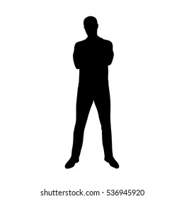 Standing young man in polo shirt with folded arms, front view, vector silhouette