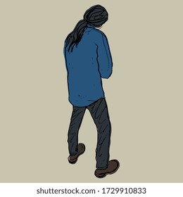 Standing Young Man With Pony Tail In Casual Clothes From Back. Hand Drawn Colorful Rough Sketch. Isolated Vector Illustration. 