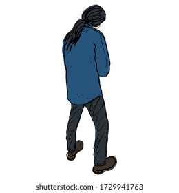 Standing Young Man With Pony Tail In Casual Clothes From Back. Hand Drawn Colorful Rough Sketch. Isolated Vector Illustration. 