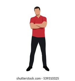 Standing Young Man In Red Polo Shirt With Folded Arms, Front View, Vector Silhouette