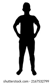 Standing young man vector silhouette, two hands on back, isolated on white background, fill with black color, shadow idea, human shape concept