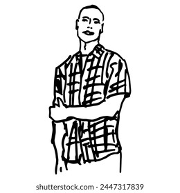 Standing young man wearing checkered shirt. Male portrait. Hand drawn linear doodle rough sketch. Black and white silhouette.