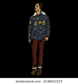 Standing young man wearing fancy jacket or sweater. Hand drawn colorful rough sketch. On black background.