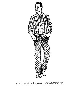 Standing young man wearing plaid shirt and hands in his pockets  Akimbo pose  Hand drawn linear doodle rough sketch  Black silhouette white background 
