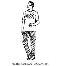 Standing young man wearing t-shirt. Male portrait. Hand drawn linear doodle rough sketch. Black silhouette on white background.