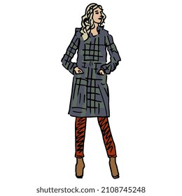 Standing young slender girl wearing skinny pants   plaid coat  Female portrait  Hands in pockets akimbo pose  Hand drawn colorful rough sketch 