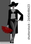 Standing young svelte woman in black lingerie, robe and wide-brimmed hat, in dark tights holds classic open red fan in hand on white background. Vector illustration in grey colors in flat style