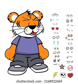standing young tiger kid wearing tennis and jeans cartoon, expressions pack in vector format