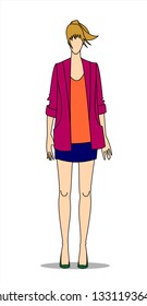 A standing young woman with blond hair gathered in a ponytail, wearing a jacket and a short skirt. Vector image isolated on white background.