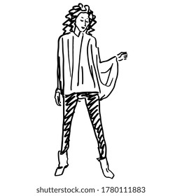 Standing young woman with curly hair in pants, boots and tunic. Hand drawn linear sketch. Black and white silhouette.