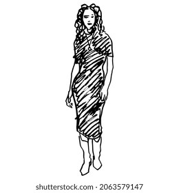 Standing young woman in a dress. Hand drawn linear doodle rough sketch. Black silhouette on white background.