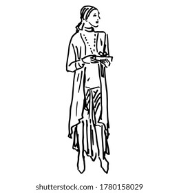 Standing young woman in fancy dress holding gift box. Hand drawn linear sketch. Black and white silhouette.