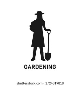 Standing young woman or girl or lady holding pot of flower plant and shovel silhouette. Female gardener icon sign or symbol. Gardening activity logo. Farming equipment concept - Vector illustration.