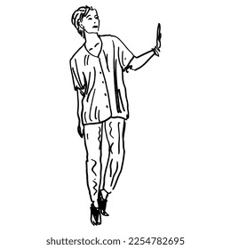 Standing young woman with her had raised to the side. Stop or refusal gesture. Hand drawn linear doodle rough sketch. Black silhouette on white background.