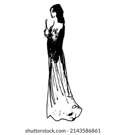 Standing young woman holding a vase or bottle. Hand drawn linear doodle rough sketch. Black ink silhouette on white background.