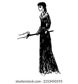 Standing young woman in long dress holding a grip. Hand drawn linear doodle rough sketch. Black silhouette on white background.