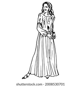 Standing young woman in long fancy dress. Hand drawn linear doodle rough sketch. Black silhouette on white background.