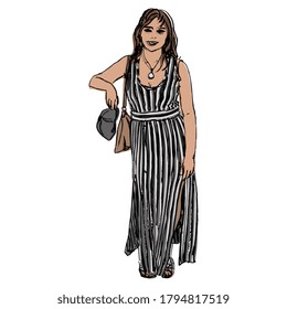 Standing young woman in long striped summer dress. Hand drawn colorful rough doodle sketch.