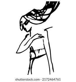 Standing young woman with loose hair and bent down head holding hand on her breast. Hand drawn linear doodle rough sketch. Black silhouette on white background.