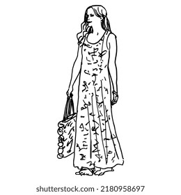 Standing young woman with loose hair in long dress holding a bag. Female portrait. Hand drawn linear doodle rough sketch. Black silhouette on white background.
