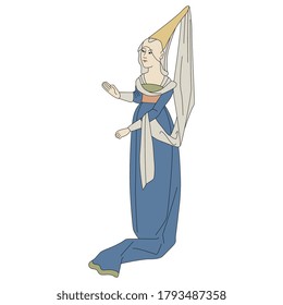 Standing young woman in medieval dress. Gothic female character. Fairy tale princess.