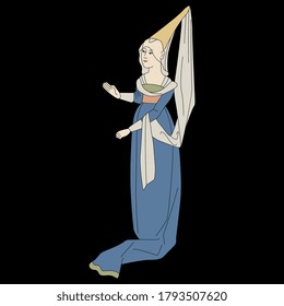 Standing young woman in medieval dress. Gothic female character. Fairy tale princess.
