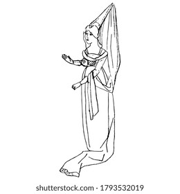 Standing young woman in medieval dress. Gothic female character. Fairy tale princess. Hand drawn linear doodle ink sketch. Black silhouette on white background.