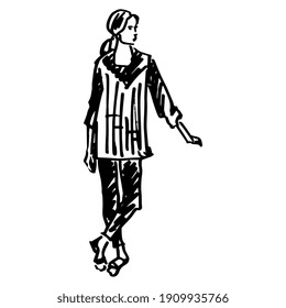 Standing young woman with ponytail in pants or leggings and shirt. Hand drawn linear doodle rough sketch. Black silhouette on white background.
