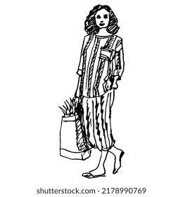 Standing young woman in striped costume holding grocery shopping bag. Hand drawn linear doodle rough sketch. Black silhouette on white background.