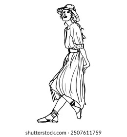 Standing young woman in summer clothes. Smiling blonde lady wearing dress and sun hat. Female portrait. Hand drawn linear doodle rough sketch. Black and white silhouette.