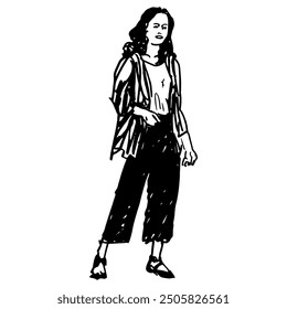 Standing young woman wearing capri pants and a shirt. Female portrait. Hand drawn linear doodle rough sketch. Black and white silhouette.