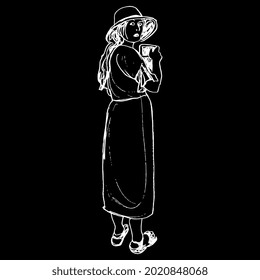 Standing young woman wearing dress and hat holding cellphone. Female portrait. Startled pretty girl with loose hair from back. Hand drawn linear doodle rough sketch. White silhouette on black.