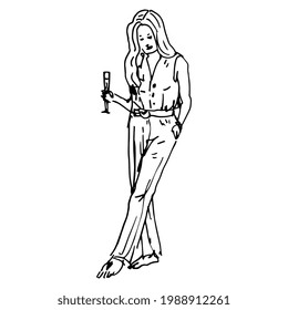 Standing young woman wearing pants holding glass of wine. Hand drawn linear doodle rough sketch. Black silhouette on white background.