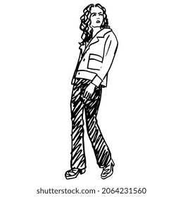 Standing young woman wearing pants and a jacket. Female portrait. Hand drawn linear doodle rough sketch. Black silhouette on white background.