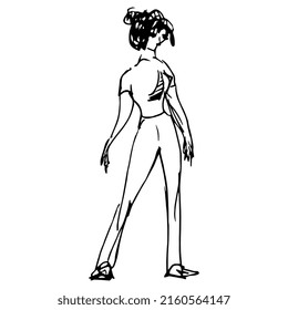Standing young woman wearing pants and a t shirt with a yacht image. Funny girl. Hand drawn linear doodle rough sketch. Black silhouette on white background.