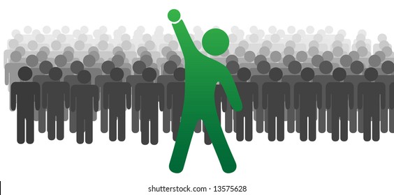 A standout leader ahead of a large crowd or team of people celebrates success with raised fist.