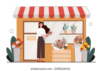 Significa flores. Pequeña empresaria y vendedora, joven con ramo cerca de la ventana. Afiche publicitario o banner para la tienda de floristería. Florista y botánica. Dibujo vectorial plano de dibujos animados