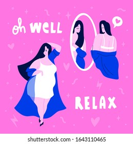 A womаn stands in front of a mirror and looks at her body in reflection and girl in a bathrobe.  Respect and love for yourself.  Flat bright vector illustration, minimal style.