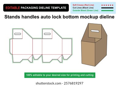 Stands Handles Auto Lock Bottom Mockup Dieline for Secure Packaging Solutions, dieline template, packaging mockup, product packaging, customizable box, Custom box dieline