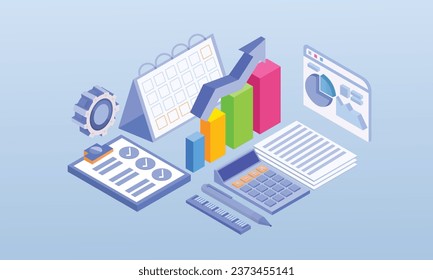 Stands on the highest column of the chart and other people working in team on work tasks, achieve result.on blue background.3D design.isometric vector design Illustration.